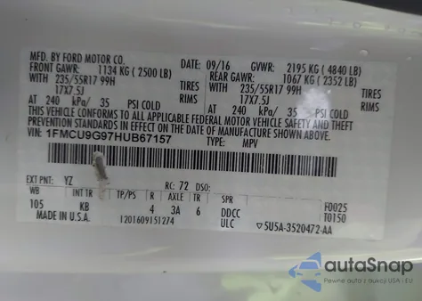 2017 Ford Escape Se from USA, damaged, VIN 1FMCU9G97HUB67157